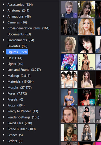 The Categories tree with an item count beside every branch: Makeup 2,817, Materials 15,084, Morphs 27,477, Poses 7,172.